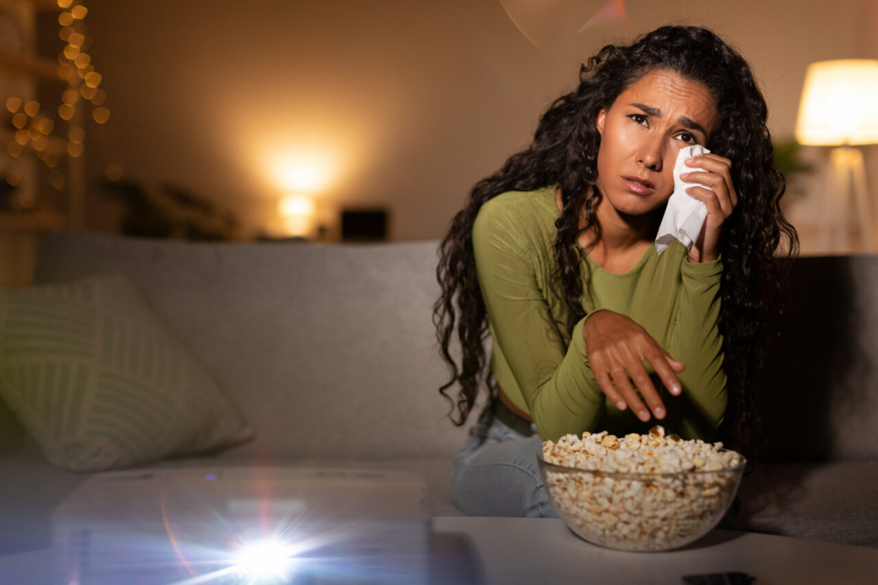 Depressed Woman Crying Watching Sad Movie