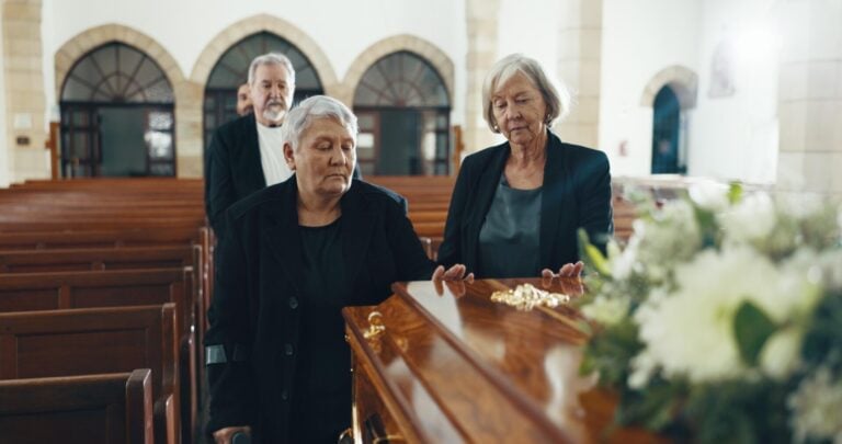 Senior Women Coffin And Funeral In Church